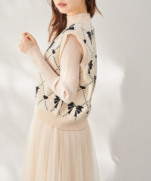 tocco closet(トッコ クローゼット)の「ハートリボンニットベスト×リブニットチュールワンピースSET(ワンピース・レディース・ブラック/アイボリー・M)」の8枚目の写真