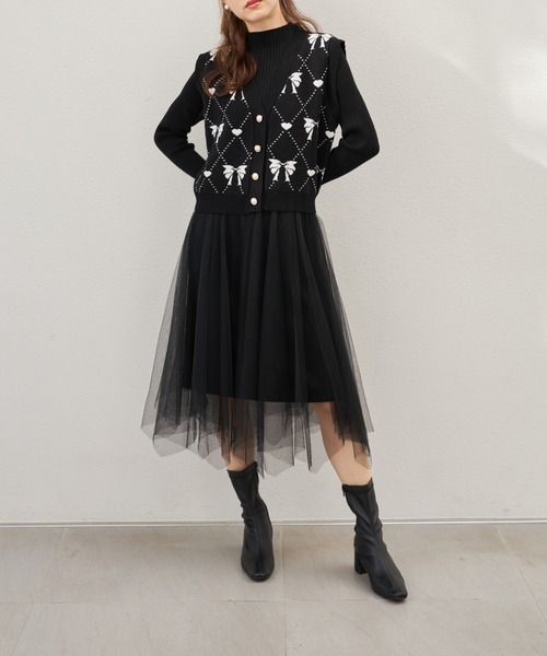 tocco closet(トッコ クローゼット)の「ハートリボンニットベスト×リブニットチュールワンピースSET(ワンピース・レディース・ブラック/アイボリー・M)」の15枚目の写真