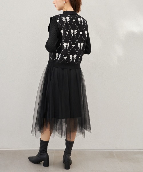 tocco closet(トッコ クローゼット)の「ハートリボンニットベスト×リブニットチュールワンピースSET(ワンピース・レディース・ブラック/アイボリー・M)」の18枚目の写真