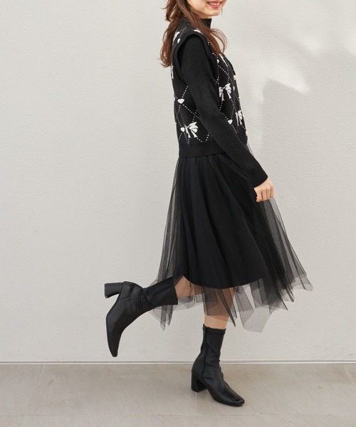 tocco closet(トッコ クローゼット)の「ハートリボンニットベスト×リブニットチュールワンピースSET(ワンピース・レディース・ブラック/アイボリー・M)」の17枚目の写真