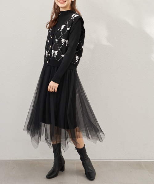 tocco closet(トッコ クローゼット)の「ハートリボンニットベスト×リブニットチュールワンピースSET(ワンピース・レディース・ブラック/アイボリー・M)」の16枚目の写真