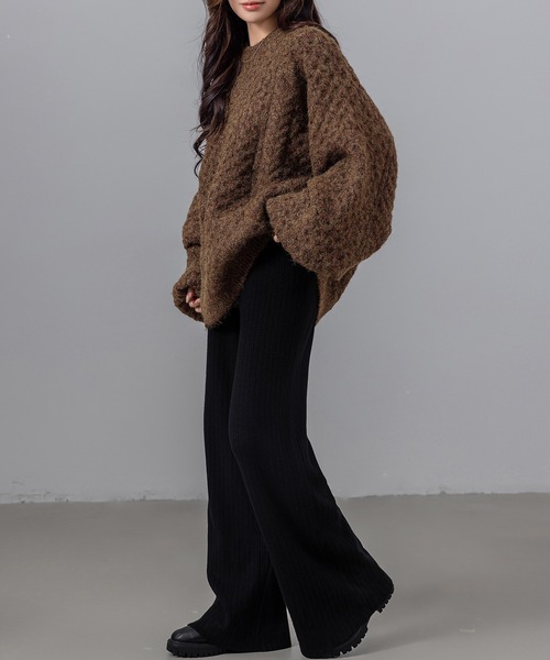 DAY CLOSET（デイ クローゼット）の「【ストレッチ生地/全周ゴム/脚すらっと見せ】ウエストリボンリブニットイージーフレアパンツ（その他パンツ・レディース・グレー/ベージュ/ホワイト/ブラック・FREE）」の14枚目の写真