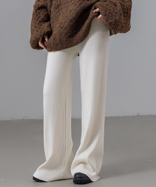 DAY CLOSET（デイ クローゼット）の「【ストレッチ生地/全周ゴム/脚すらっと見せ】ウエストリボンリブニットイージーフレアパンツ（その他パンツ・レディース・グレー/ベージュ/ホワイト/ブラック・FREE）」の5枚目の写真