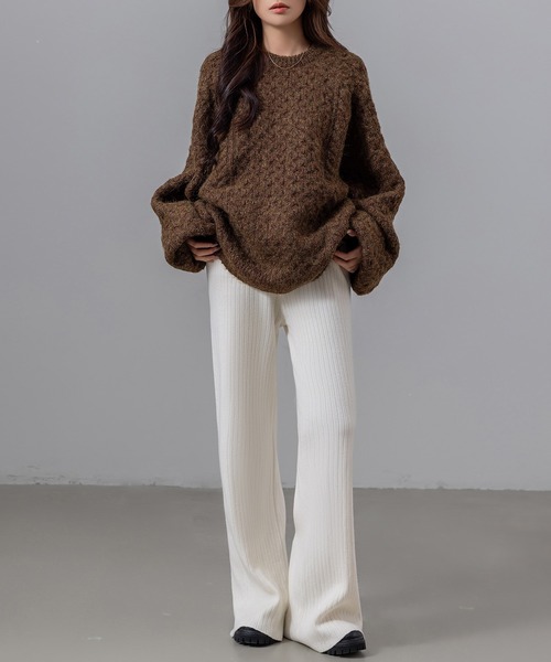 DAY CLOSET（デイ クローゼット）の「【ストレッチ生地/全周ゴム/脚すらっと見せ】ウエストリボンリブニットイージーフレアパンツ（その他パンツ・レディース・グレー/ベージュ/ホワイト/ブラック・FREE）」の6枚目の写真