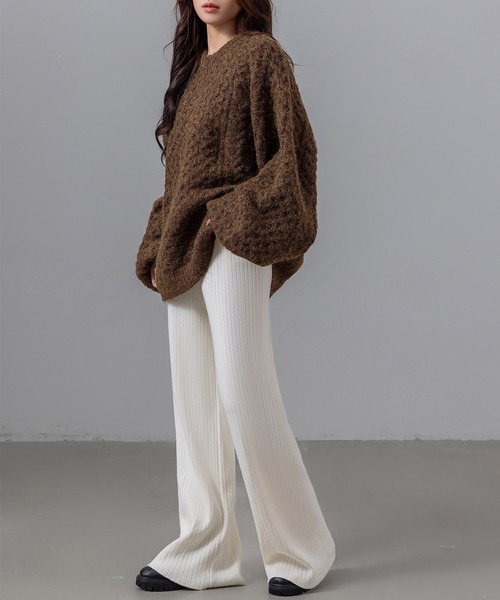 DAY CLOSET（デイ クローゼット）の「【ストレッチ生地/全周ゴム/脚すらっと見せ】ウエストリボンリブニットイージーフレアパンツ（その他パンツ・レディース・グレー/ベージュ/ホワイト/ブラック・FREE）」の7枚目の写真