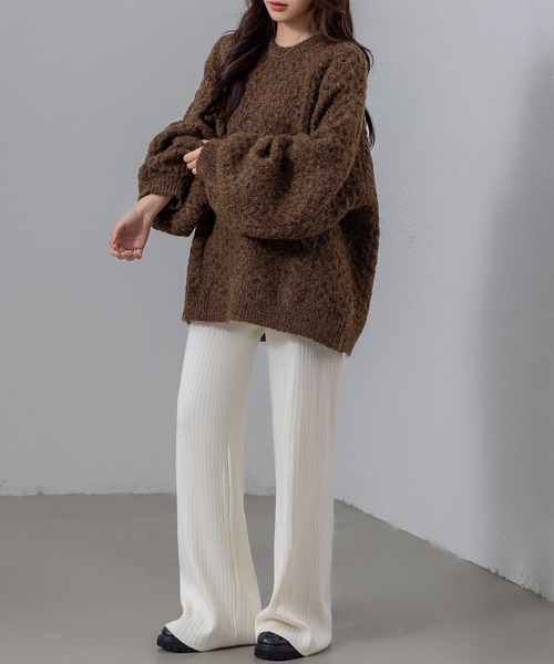 DAY CLOSET（デイ クローゼット）の「【ストレッチ生地/全周ゴム/脚すらっと見せ】ウエストリボンリブニットイージーフレアパンツ（その他パンツ・レディース・グレー/ベージュ/ホワイト/ブラック・FREE）」の8枚目の写真