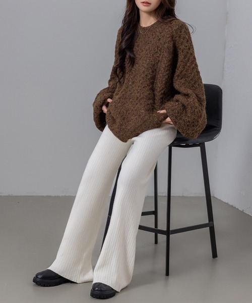 DAY CLOSET（デイ クローゼット）の「【ストレッチ生地/全周ゴム/脚すらっと見せ】ウエストリボンリブニットイージーフレアパンツ（その他パンツ・レディース・グレー/ベージュ/ホワイト/ブラック・FREE）」の9枚目の写真