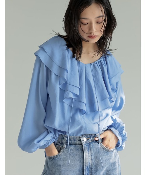 Re:EDIT（リエディ）の「ドライタッチコットンブレンド2WAYフリルブラウス（シャツ/ブラウス・レディース・ブラック/アイボリー/ブルー/ベージュ/イエロー・MEDIUM/LARGE）」の21枚目の写真