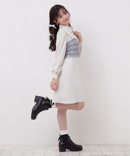 PINKHUNT（ピンクハント）の「PINKHUNT ピンクハント チュールビスチェ付きシャツ ワンピース 0524K（ワンピース・キッズ・アッシュグレー/オフホワイト・120cm/130cm/140cm/150cm/160cm）」の3枚目の写真