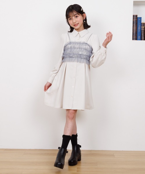 PINKHUNT（ピンクハント）の「PINKHUNT ピンクハント チュールビスチェ付きシャツ ワンピース 0524K（ワンピース・キッズ・アッシュグレー/オフホワイト・120cm/130cm/140cm/150cm/160cm）」の7枚目の写真