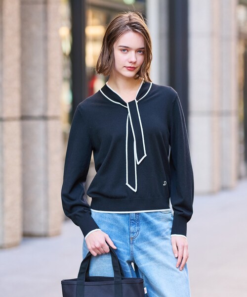 セール】【洗える】配色ラインボウタイプルオーバーニット（ニット  