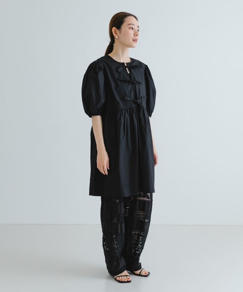 【関税込み】GANNI ブラック ボウ ミニワンピース GANNI Cotton Poplin Mini Dress（ワンピース）｜GANNI（ガニー