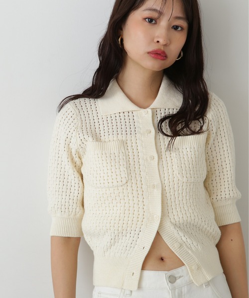 N.（N. Natural Beauty Basic）（エヌエヌナチュラルビューティーベーシック）の「バスケット編みポロカーディガン（カーディガン/ボレロ・レディース・ネイビー/オフホワイト/ピンク・MEDIUM）」の2枚目の写真