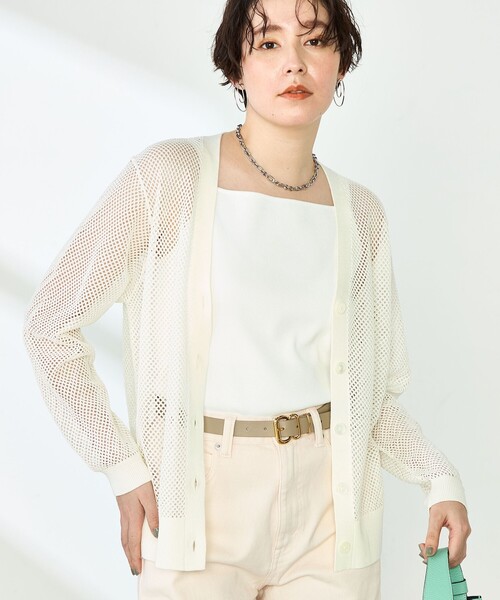 NOLLEY’S(ノーリーズ)の「《手洗い可能》メッシュ長袖Vネックカーディガン(カーディガン/ボレロ・レディース・オフホワイト/ミント/サーモンピンク・38)」の2枚目の写真