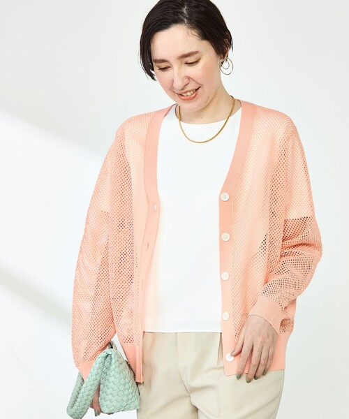 NOLLEY’S(ノーリーズ)の「《手洗い可能》メッシュ長袖Vネックカーディガン(カーディガン/ボレロ・レディース・オフホワイト/ミント/サーモンピンク・38)」の1枚目の写真