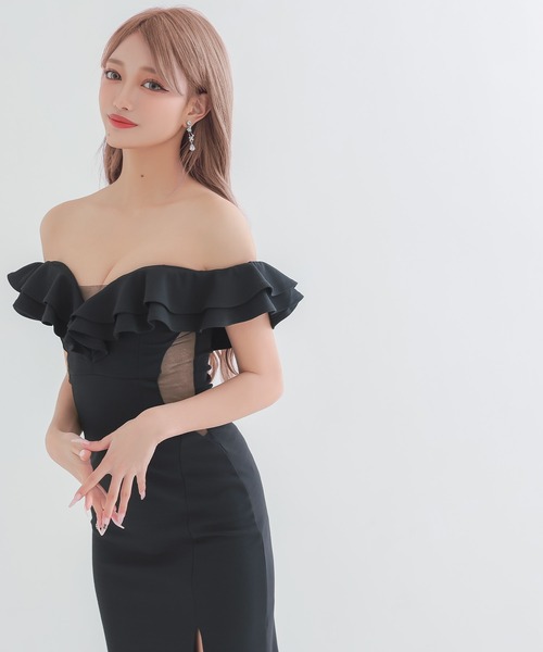 myMinette(マイミネット)の「キャバドレス ロング フレア オフショルダー シアー 谷間魅せ くびれデザイン スリット Aラインドレス(ドレス・レディース・ブラック・LARGE/MEDIUM/SMALL)」の2枚目の写真