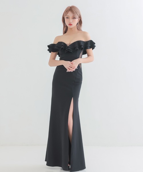myMinette(マイミネット)の「キャバドレス ロング フレア オフショルダー シアー 谷間魅せ くびれデザイン スリット Aラインドレス(ドレス・レディース・ブラック・LARGE/MEDIUM/SMALL)」の3枚目の写真