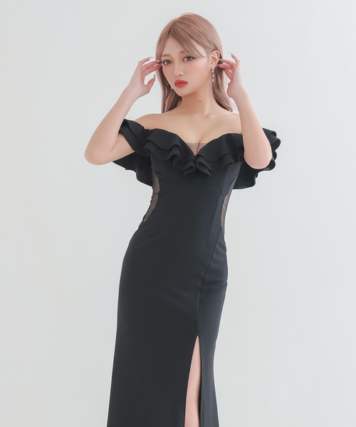 myMinette(マイミネット)の「キャバドレス ロング フレア オフショルダー シアー 谷間魅せ くびれデザイン スリット Aラインドレス(ドレス・レディース・ブラック・LARGE/MEDIUM/SMALL)」の6枚目の写真