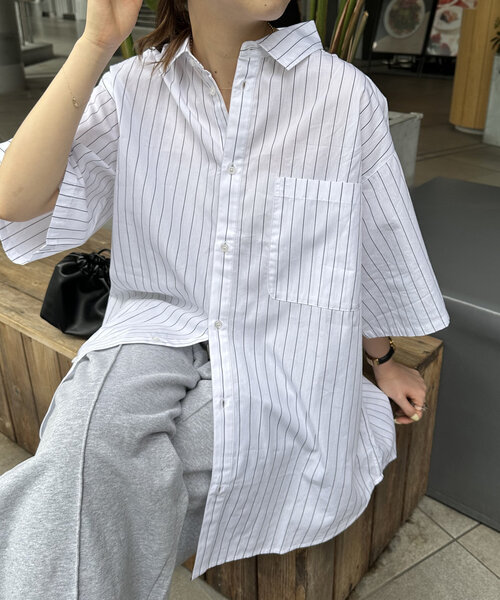 【ユニセックス】チョークストライプオーバー半袖シャツ ユニセックス】チョークストライプオーバー半袖シャツ（シャツ