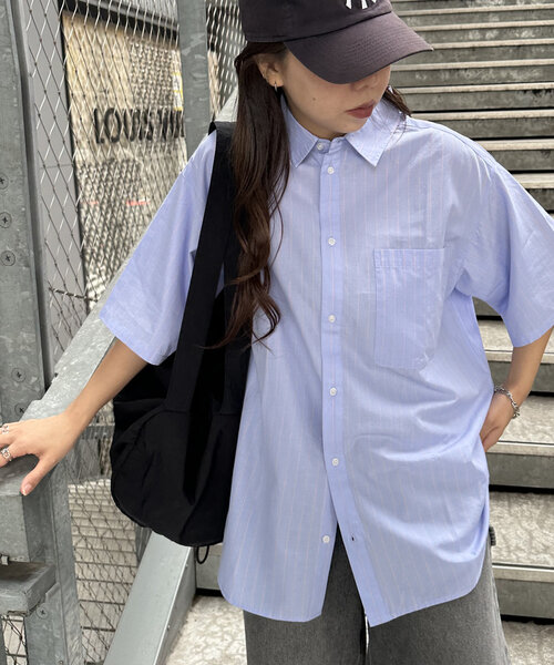 「DISCOAT」 半袖シャツ LARGE ライトグレー レディース セール】【ユニセックス】チョークストライプオーバー半袖シャツ