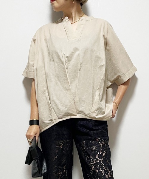 Fizz（フィズ）の「【Fizz/フィズ】　コットンキャンブリック　裾タックスキッパーブラウス（シャツ/ブラウス・レディース・ベージュ/ホワイト/ピンク系/ブラック・M）」の3枚目の写真