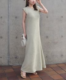 texture sleeve layered long dress /テクスチャー 袖レイヤード フレア ロング ワンピース