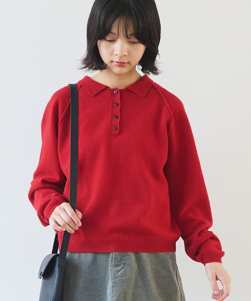 bulle de savon(ビュルデサボン)の「△ジーロンラムポロニットプルオーバー(ニット/セーター・レディース・ライトブルー/レッド/ダークブラウン・FREE)」の1枚目の写真