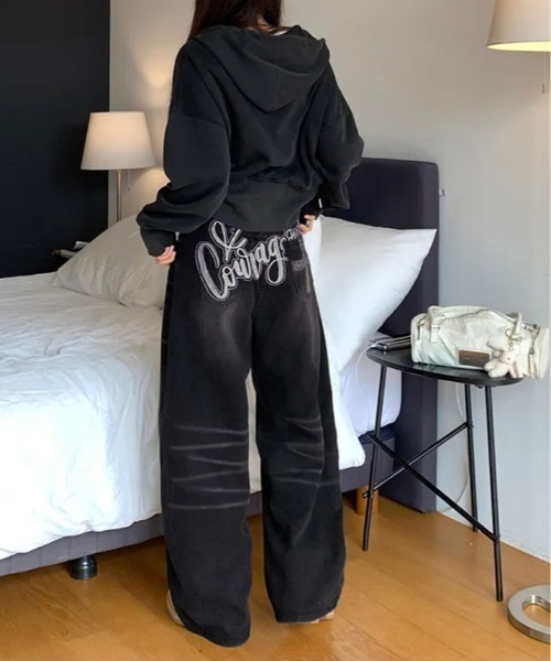 kirakiraShop(キラキラショップ)の「ペイント ロゴ ルーズ ワイド デニムパンツ(デニムパンツ・レディース・ブラック・L/M/S)」の13枚目の写真