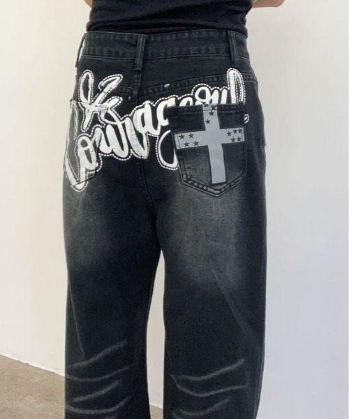 kirakiraShop(キラキラショップ)の「ペイント ロゴ ルーズ ワイド デニムパンツ(デニムパンツ・レディース・ブラック・L/M/S)」の20枚目の写真