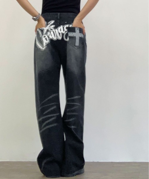 kirakiraShop(キラキラショップ)の「ペイント ロゴ ルーズ ワイド デニムパンツ(デニムパンツ・レディース・ブラック・L/M/S)」の21枚目の写真