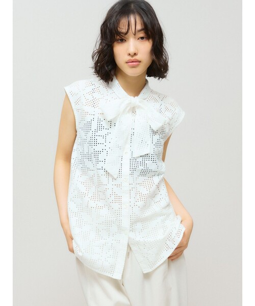 ノースリブラウス42 セール】MIDIUMISOLID for Ladies レースボウタイノースリーブ