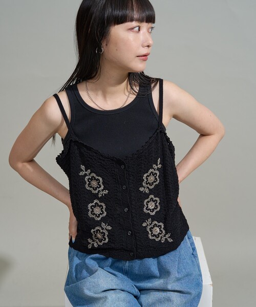 セール】透かし編み ビーズ刺繍キャミソール ビスチェ（キャミソール