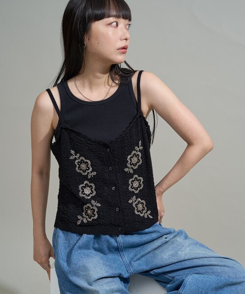 新品未使用sea ny 黒 花柄刺繍 フリンジキャミソール フリンジ シアー シャギー キャミソール ビスチェ ペプラム トップス