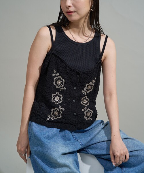 FREAK'S STORE（フリークスストア）の「透かし編み ビーズ刺繍キャミソール ビスチェ（キャミソール・レディース・マスタード/オフホワイト/ブラック・ﾌﾘ-）」の9枚目の写真