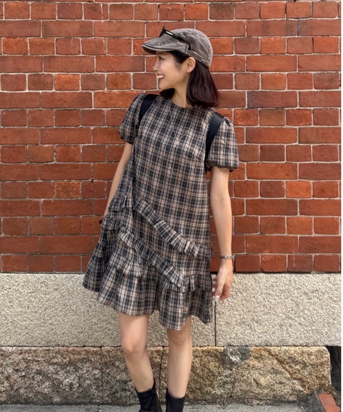 JUMELLE（ジュメロ）の「半袖チェックワンピース（ワンピース・レディース・ブラック・FREE）」の2枚目の写真