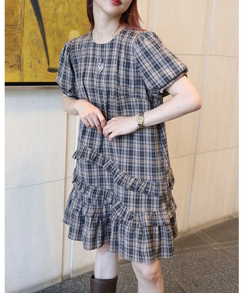 JUMELLE（ジュメロ）の「半袖チェックワンピース（ワンピース・レディース・ブラック・FREE）」の19枚目の写真