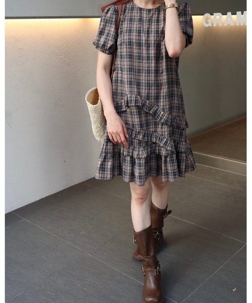 JUMELLE（ジュメロ）の「半袖チェックワンピース（ワンピース・レディース・ブラック・FREE）」の13枚目の写真