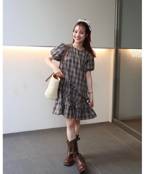 JUMELLE（ジュメロ）の「半袖チェックワンピース（ワンピース・レディース・ブラック・FREE）」の12枚目の写真