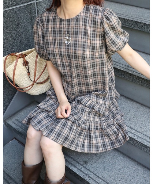 JUMELLE（ジュメロ）の「半袖チェックワンピース（ワンピース・レディース・ブラック・FREE）」の10枚目の写真