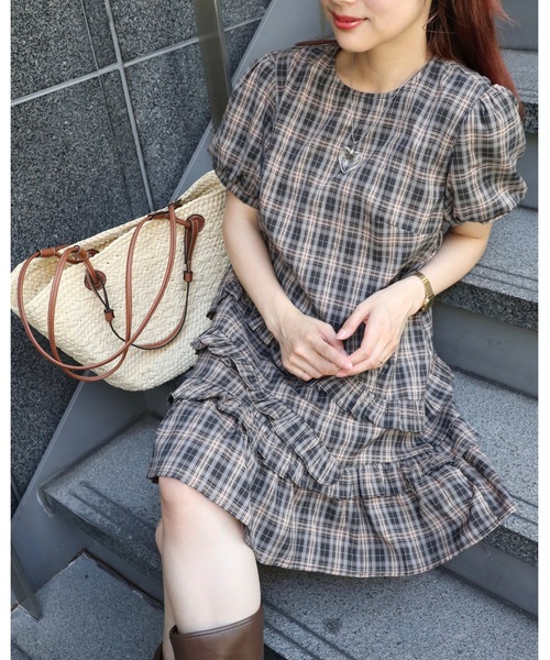 JUMELLE（ジュメロ）の「半袖チェックワンピース（ワンピース・レディース・ブラック・FREE）」の9枚目の写真