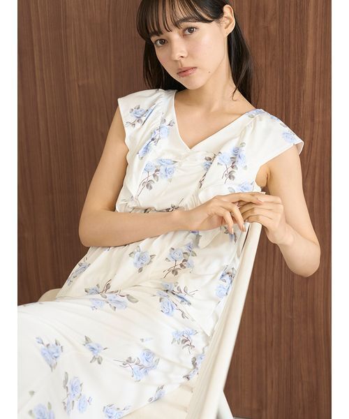 【新品】ジェラートピケ　中花柄カップインワンピース　ブルー 中花柄カップインプルオーバー（ルームウェア/パジャマ