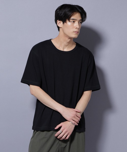 NANO universe(ナノユニバース)の「NORMANBROS/NORMANBROS別注 テレコUネックTシャツ 半袖(Tシャツ/カットソー・メンズ・ブラック/ホワイト・L/M)」の1枚目の写真
