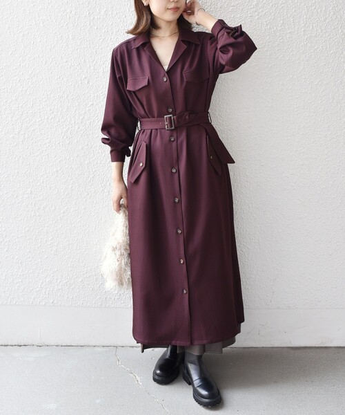 SHIPS Colors:〈手洗い可能〉開襟 ベルテッド シャツ ワンピース