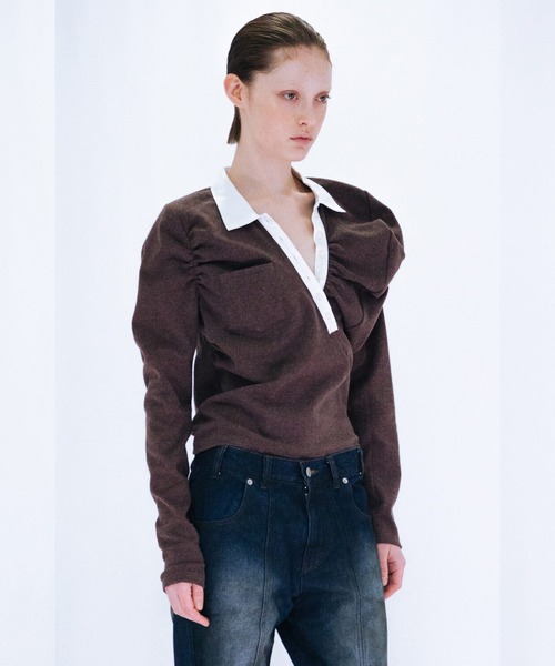 VIAVANDA（ヴィアヴァンダ）の「ASYMMETRIC POLO SHIRT（ポロシャツ・レディース・ブラウン/グレー・FREE）」の3枚目の写真