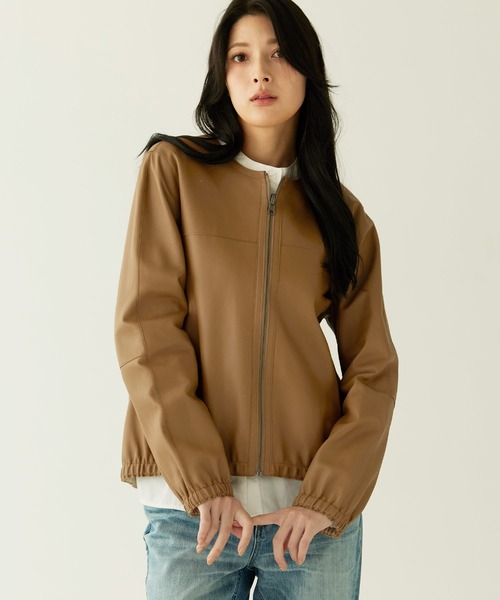 sankyo shokai(サンキョウショウカイ)の「ラムレザージャケット ノーカラー リバーシブル(ノーカラージャケット・レディース・ブラウン・13号/9号/11号/15号)」の1枚目の写真