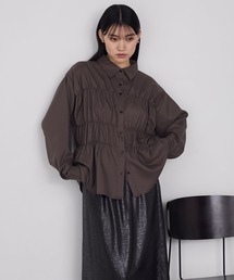 【forksy.】シャーリングビスチェ風デザイン長袖シャツブラウン系