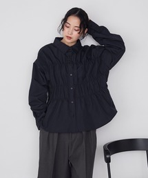 【forksy.】シャーリングビスチェ風デザイン長袖シャツネイビー