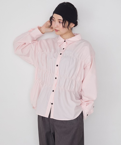 【forksy.】シャーリングビスチェ風デザイン長袖シャツ