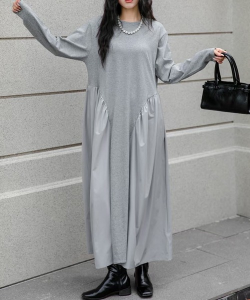 異素材 ドッキング ワンピース ロング丈 長袖 秋 冬 カジュアル A