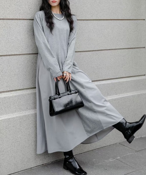 LOWO(ロワ)の「異素材 ドッキング ワンピース ロング丈 長袖 秋 冬 カジュアル Aライン ゆったり(ワンピース・レディース・グレー/ブラック・FREE)」の4枚目の写真
